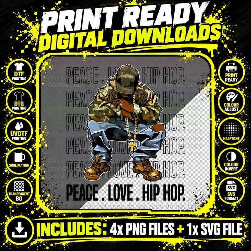 PEACE, LOVE, HIP HOP Old School 90 Anniversary Dope Camo Png SVG Digital Bundle