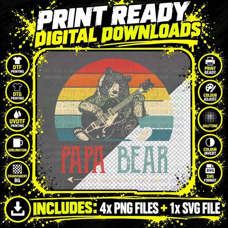 Papa Bear Playing Guitar T-Shirt, Father's Day Gift Png SVG Digital Bundle