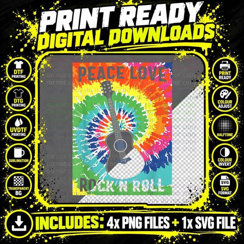Peace Love Rock N Roll Tie Dye Hippie Guitar Music Retro Png SVG Digital Bundle