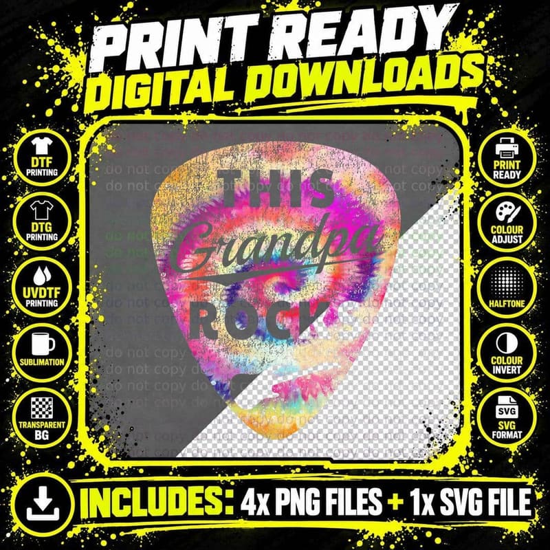 Personalized This Grandpa Rocks - Fun Tie Dye Guitar Png SVG Digital Bundle