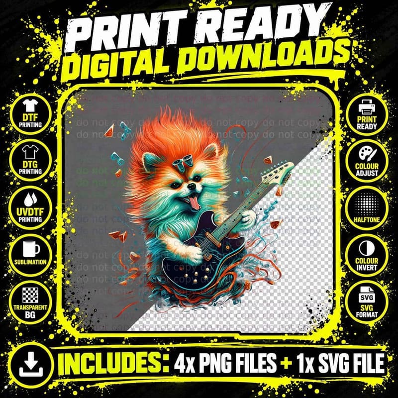 Pomeranian Dog Playing Electric Guitar T-Shirt Png SVG Digital Bundle