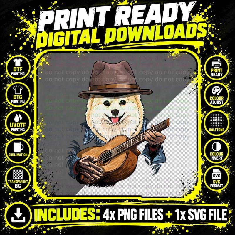 Pomeranian Playing Guitar T-Shirt, Pet Dog Lover Apparel Png SVG Digital Bundle