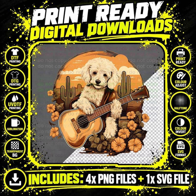 Poodle Playing Guitar T-Shirt, Country Music Style Png SVG Digital Bundle