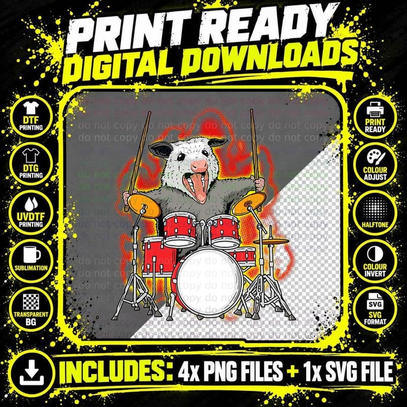 Possum Shirt Drumming Opossum Playing the Drums Drummer Png SVG Digital Bundle