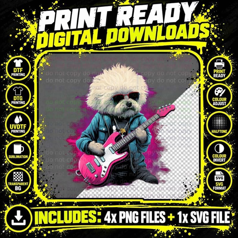 Punk Rock Guitar Bichon Frise Dog Guitarist T-Shirt Png SVG Digital Bundle