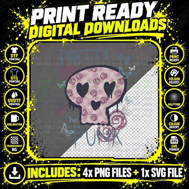 Punk Rock and Roll Music Pretty 'N' Punk Skull Women Png SVG Digital Bundle