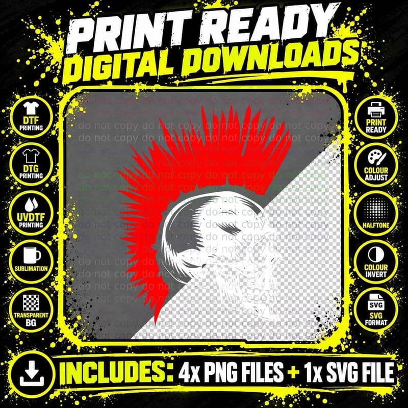 Punker Skull Bone Mohawk Hairstyle Rocker Rock Music Png SVG Digital Bundle