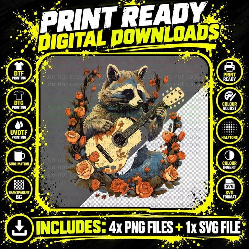 Raccoon Playing Guitar Cottagecore Floral Racoon Animal Png SVG Digital Bundle