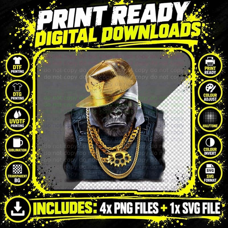 Rapper Gorilla in Hip Hop Style Outfit T-Shirt Png SVG Digital Bundle