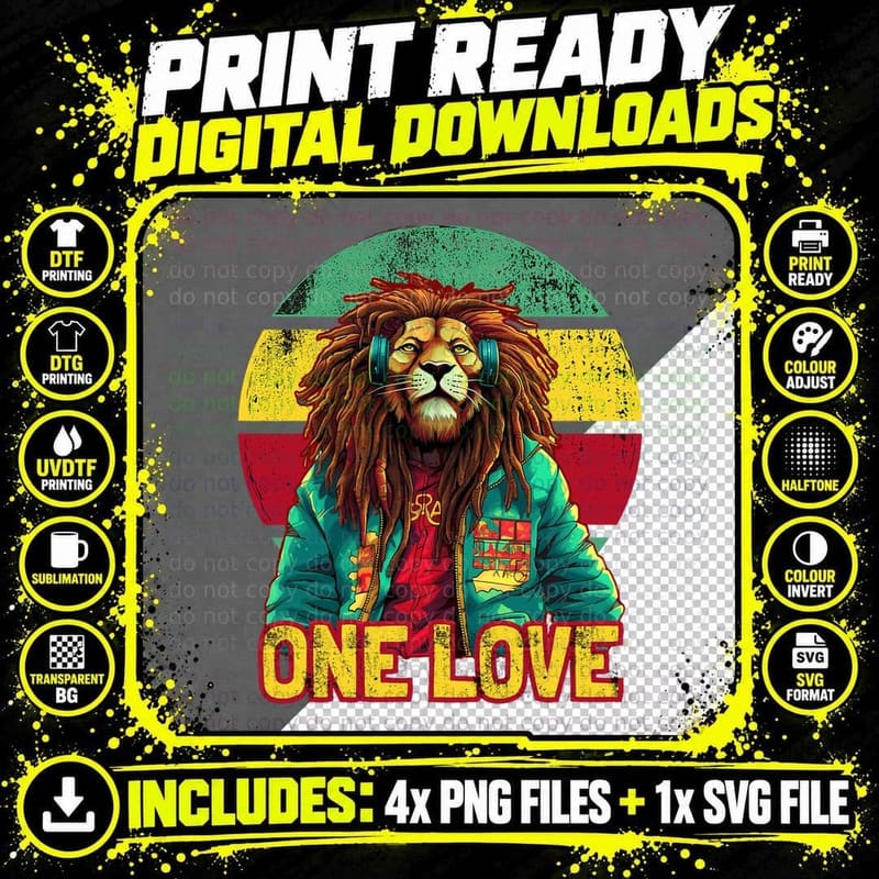 Rasta Lion Reggae Music One Love Graphic Design T-Shirt Png SVG Digital Bundle