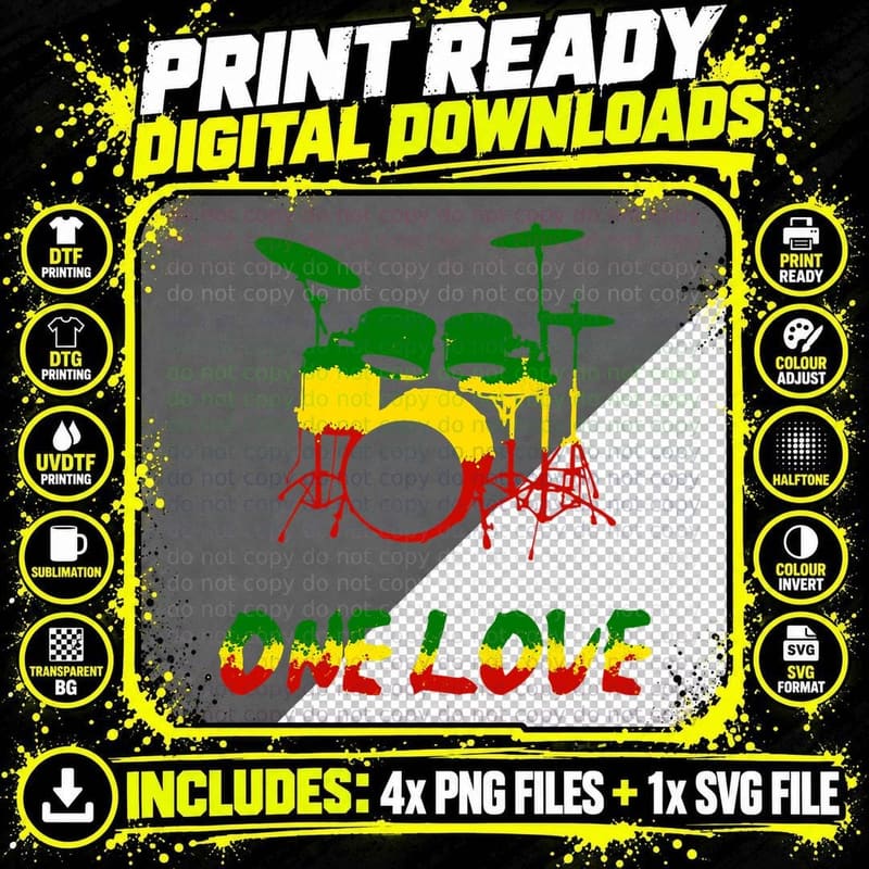 Rasta One Love Reggae Drum Set Rastafarian Roots Jamaica Png SVG Digital Bundle