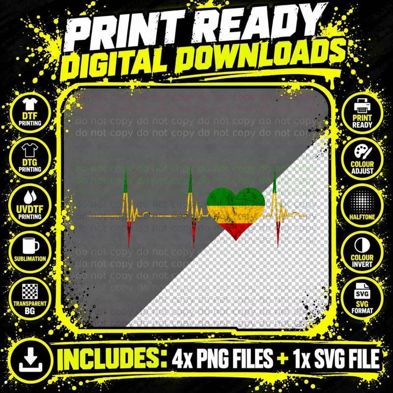 Rasta Reggae Heartbeat EKG Pulse Reggae Music Jamaica Png SVG Digital Bundle