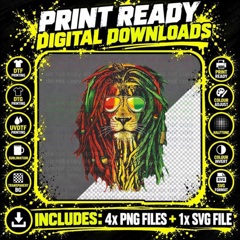 Rasta Reggae Lion Sunglass Art Gift for Rastafarian Png SVG Digital Bundle