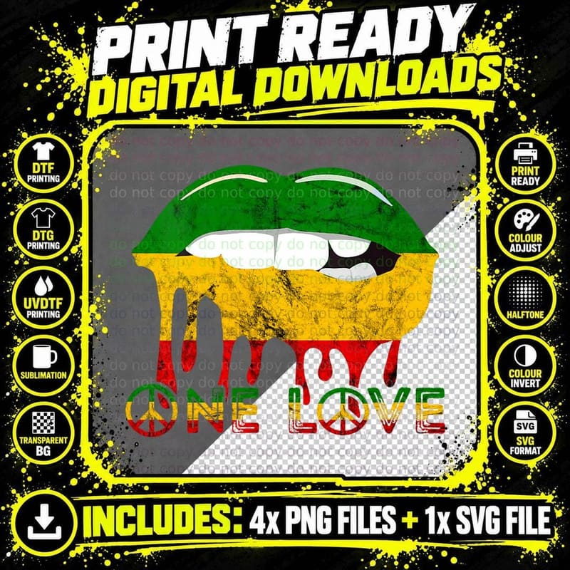 Rasta Reggae Lips Mouth Jamaican Music One Pride Love Png SVG Digital Bundle