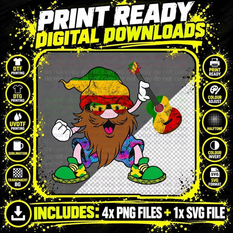Rasta Reggae Music Guitar Gnome Rastafari Jamaican Png SVG Digital Bundle