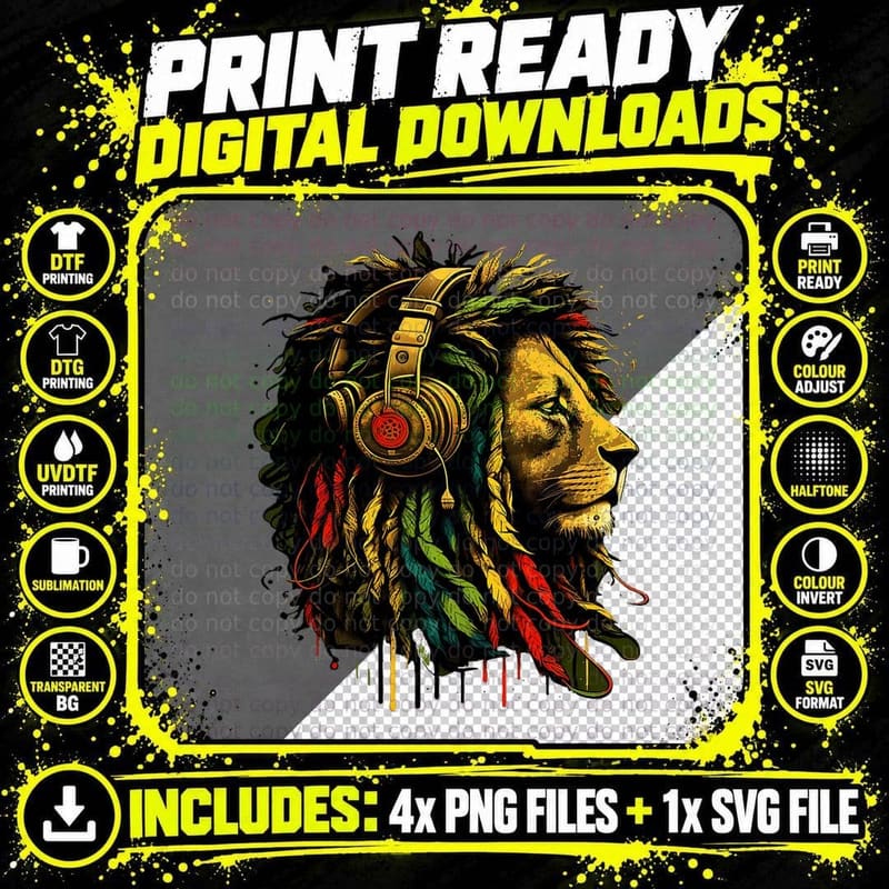 Rasta Reggae Music Headphones Jamaican Pride Lion of Png SVG Digital Bundle