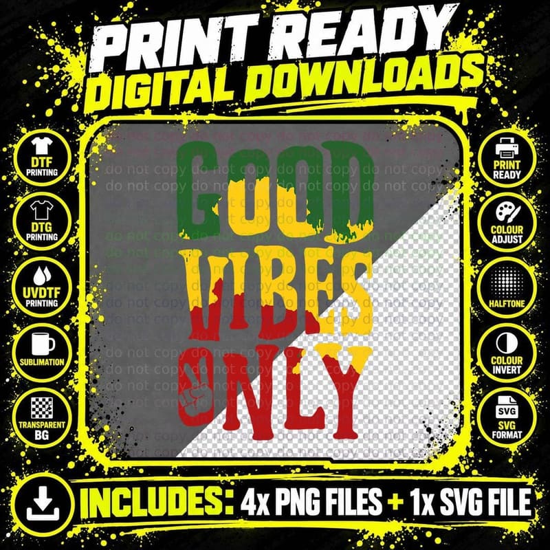 Rasta Reggae Music Jamaican Good Vibes Only T-Shirt Png SVG Digital Bundle