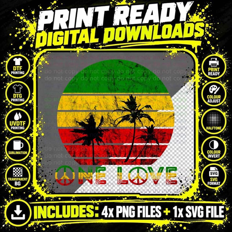 Rasta Reggae One Love Retro Vintage Sunset Jamaica Png SVG Digital Bundle