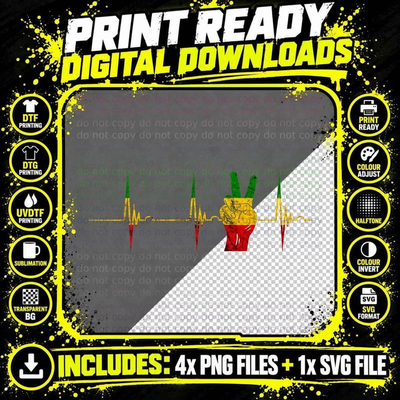 Rasta Reggae Peace Rastafari Roots Heartbeat EKG Pulse Png SVG Digital Bundle
