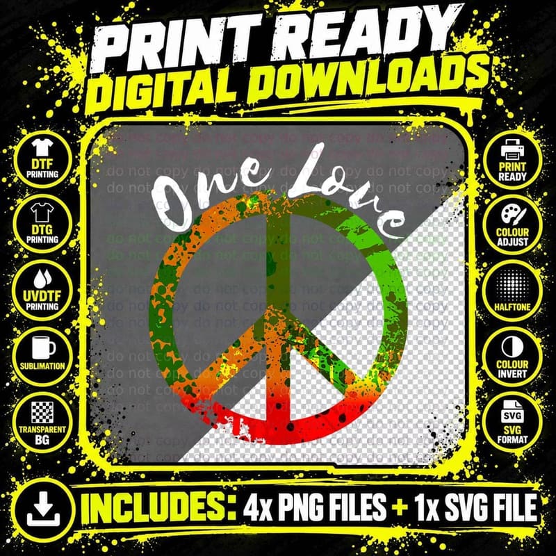 Rasta Reggae Peace Sign Splash Hippie Rastafarian One Png SVG Digital Bundle