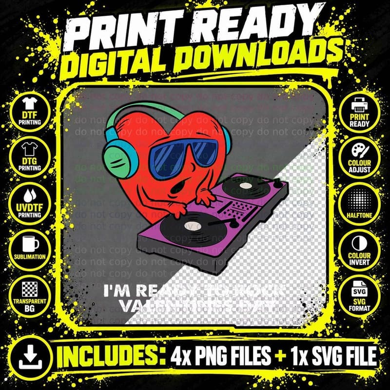 Ready to Rock Valentines Day Cute Heart DJ Disc Jockey Png SVG Digital Bundle