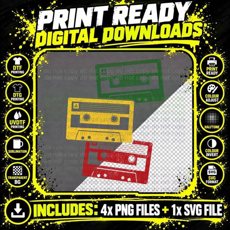 Reggae Music Cassette Tapes Vintage Retro Rastafari Png SVG Digital Bundle