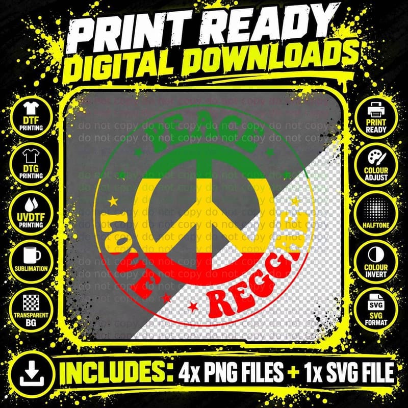 Reggae Music Jamaican Rastafarian Peace Love Reggae Png SVG Digital Bundle