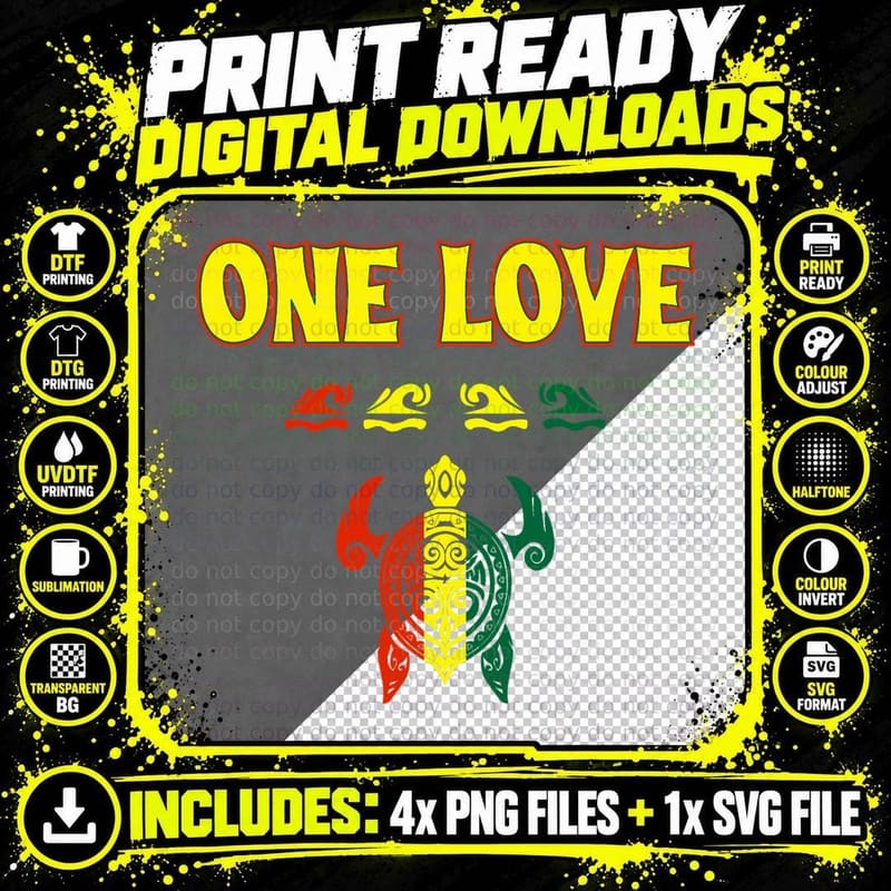 Reggae One Love Hawaiian Sea Turtle Gift for Island Png SVG Digital Bundle