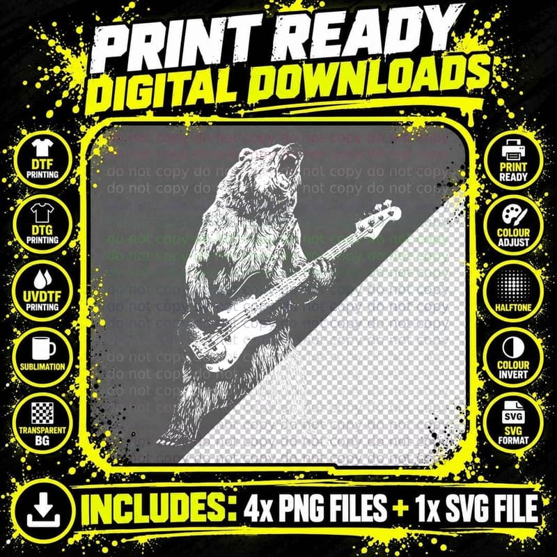 Retro Bear Playing Bass Guitar Bear Guitarist Music Png SVG Digital Bundle