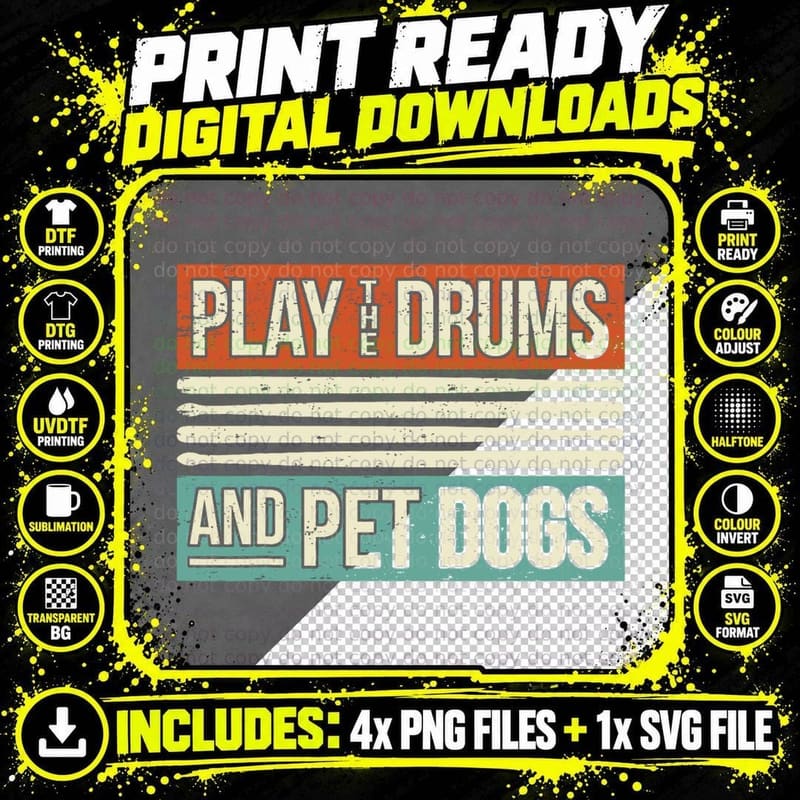 Retro Drummer Dog Owner Drumming Drums Percussion I Pet Png SVG Digital Bundle