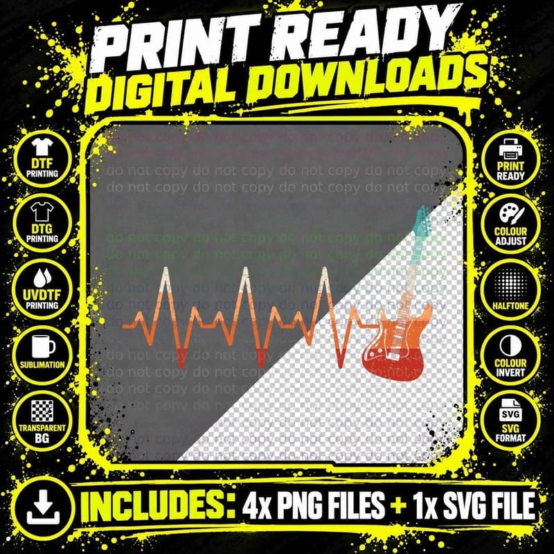 Retro Electric Guitar Heartbeat Guitarist Rock Music Png SVG Digital Bundle