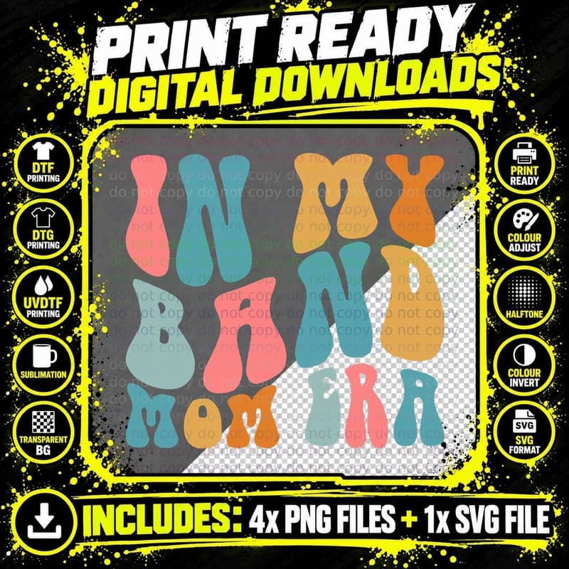 Retro Groovy in My Band Mom Era Funny Music Mama Mothers Png SVG Digital Bundle