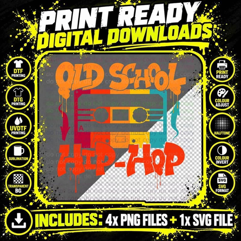 Retro Old School Hip Hop 80s 90s Graffiti Cassette Png SVG Digital Bundle