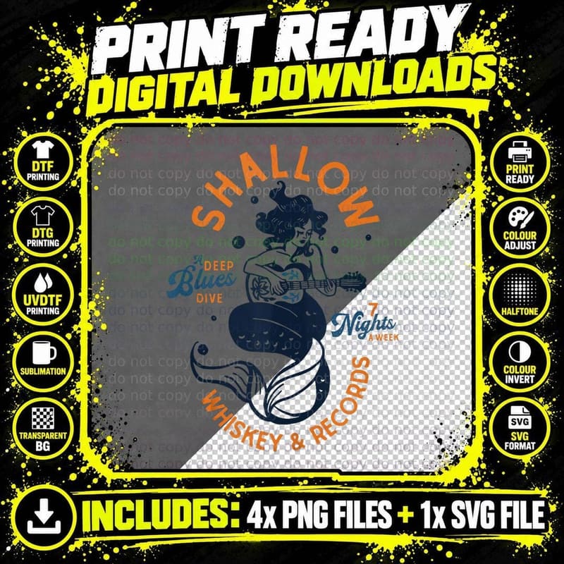 Retro Pinup Mermaid Live Music Blues Guitar Dive Bar Png SVG Digital Bundle