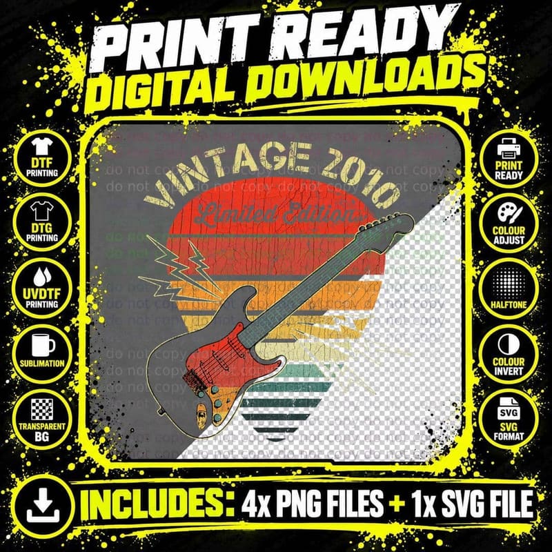Retro Vintage 2010 Guitar T-Shirt, Music Lover Style Png SVG Digital Bundle