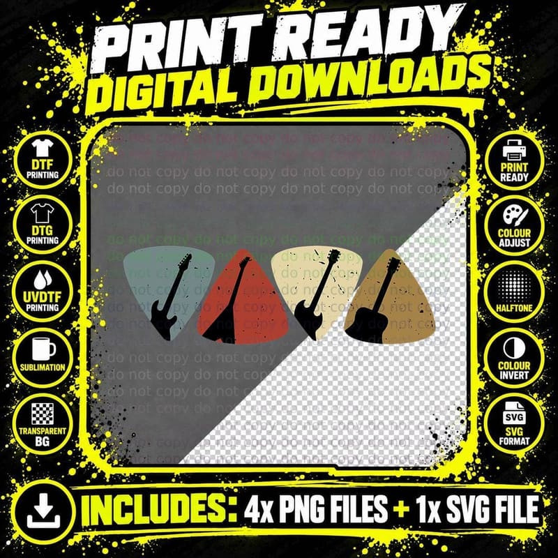 Retro Vintage Guitar Pick Player Guitarist Bassist Png SVG Digital Bundle