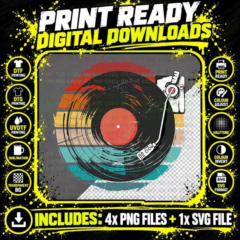 Retro Vintage Vinyl Record Playing Music Png SVG Digital Bundle