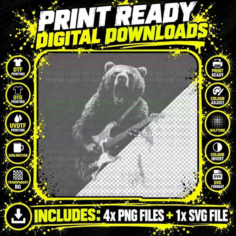 Rock Bear Playing Guitar - Funny Guitar Bear Music Png SVG Digital Bundle