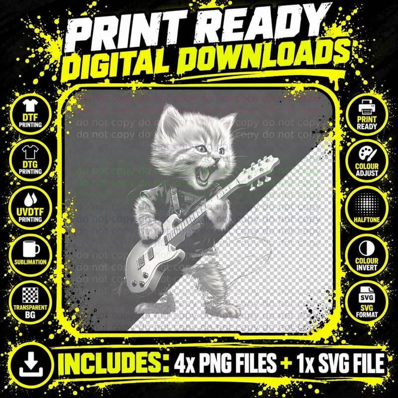 Rock Cat Playing Guitar Funny Guitar Cat Design Mens Png SVG Digital Bundle