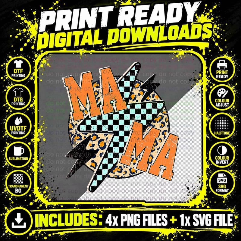 Rock Mom Mama Lightning Leopard Checkered Mors Day Png SVG Digital Bundle