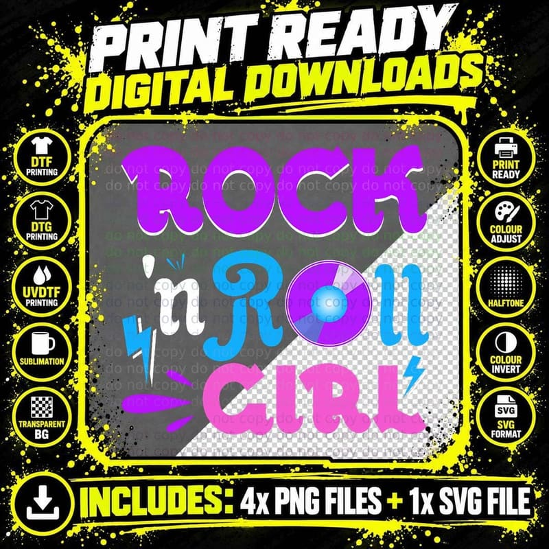 Rock N Roll Girl Retro 80s 90s Themed Party Music T-Shirt Png SVG Digital Bundle