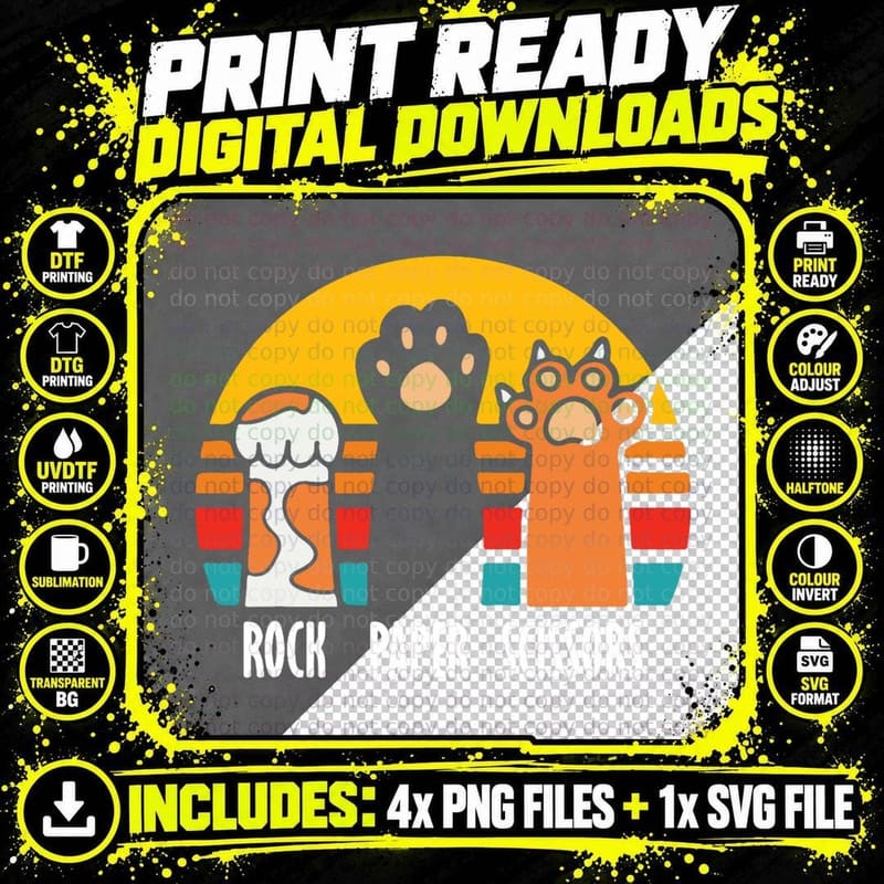 Rock Paper Scissors Cat Paws Funny Boys Girls Kids Png SVG Digital Bundle