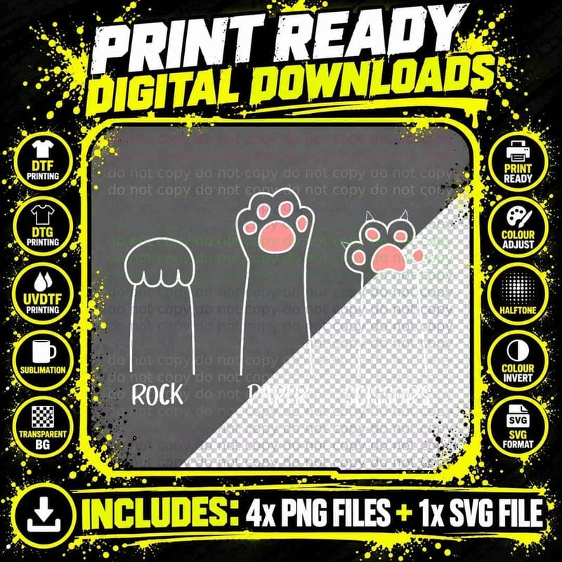 Rock Paper Scissors Hand Game Cute Paw Funny Cat T-Shirt Png SVG Digital Bundle