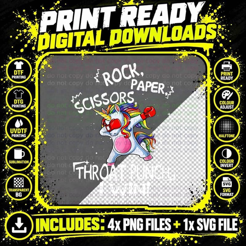 Rock Paper Scissors Throat Punch I Win Unicorn Boxing Png SVG Digital Bundle