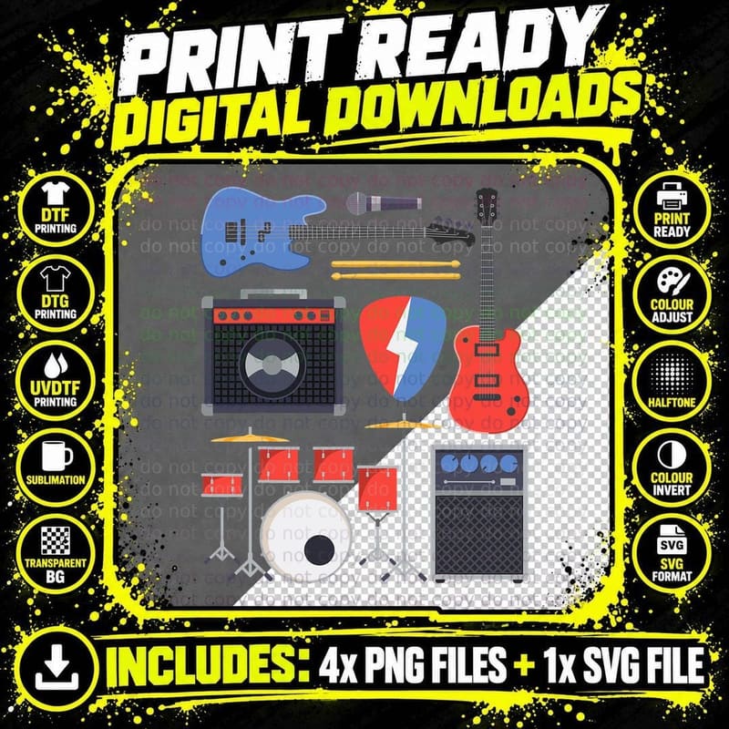 Rock Star Guitar & Band Instruments Rock & Roll Music Png SVG Digital Bundle