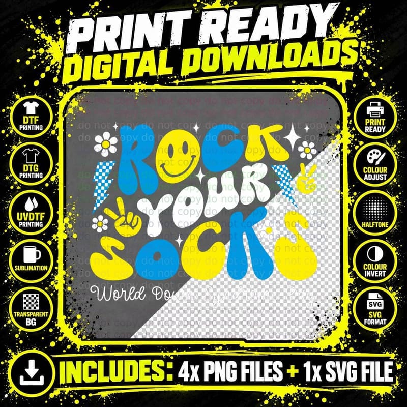 Rock Your Socks Down Syndrome Awareness Day Groovy WDSD Png SVG Digital Bundle