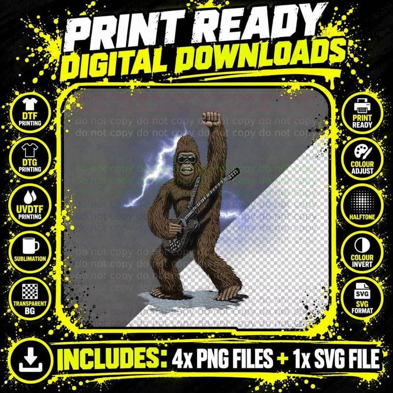 Rock and Roll Bigfoot Sasquatch Playing on Guitar Png SVG Digital Bundle