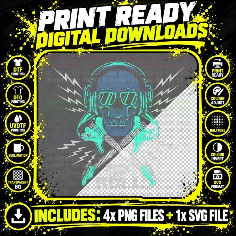 Rock and Roll Skull T-Shirt, Music Lover Style Png SVG Digital Bundle
