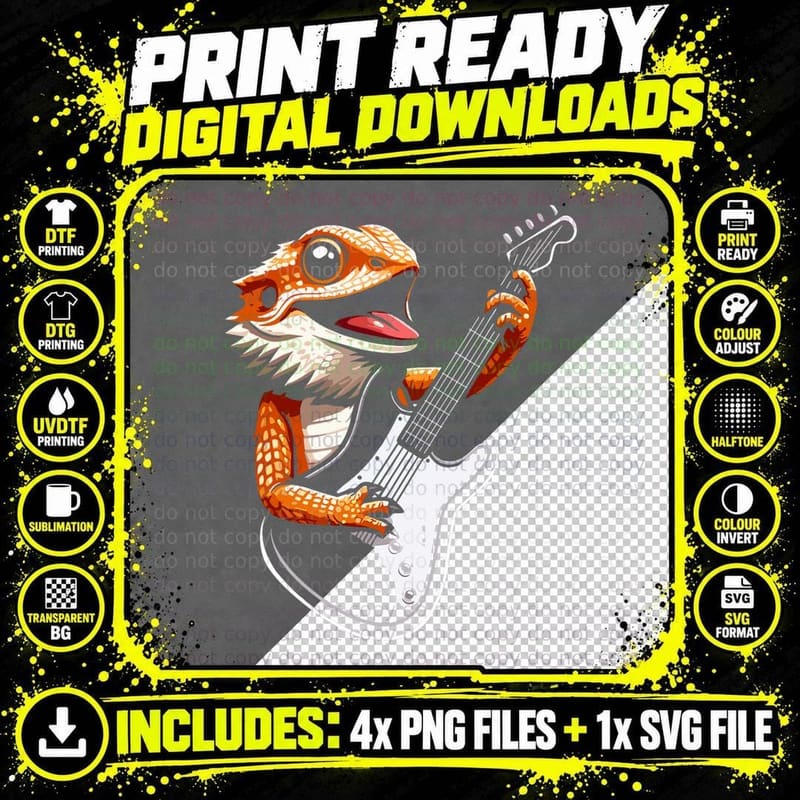 Rocker Bearded Dragon Playing Guitar - Guitarist Music Png SVG Digital Bundle