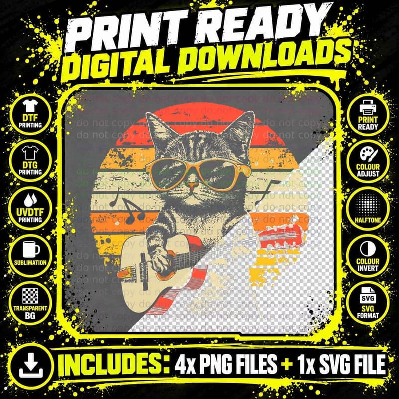 Rockin' Cat Sunglasses Guitar T-Shirt Png SVG Digital Bundle